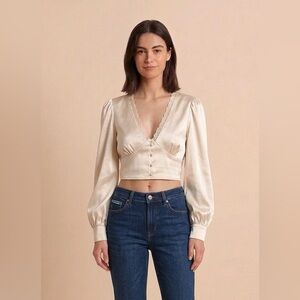 twik Ivory Satin Lace-Trim Button Front Sleep Top